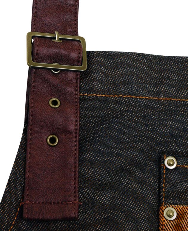 'DIVISION' WAXED LOOK DENIM BIB APRON WITH FAUX LEATHER