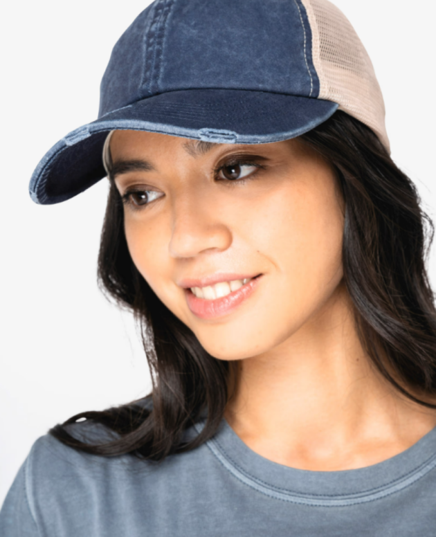 ECO-FRIENDLY UNISEX RIPPED EFFECT TRUCKER CAP